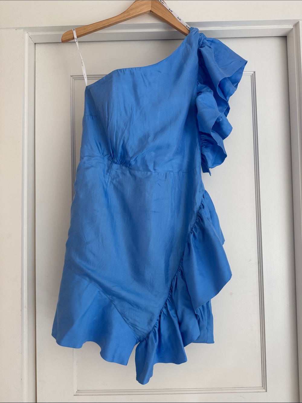 Bardot One-Shoulder Ruffle Mini Dress - Bright Blue- Size 6